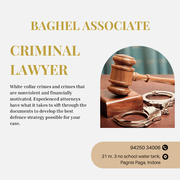 Advertisement for Baghel Associate criminal lawyer services with an image of a gavel and handcuffs, and text describing the services.