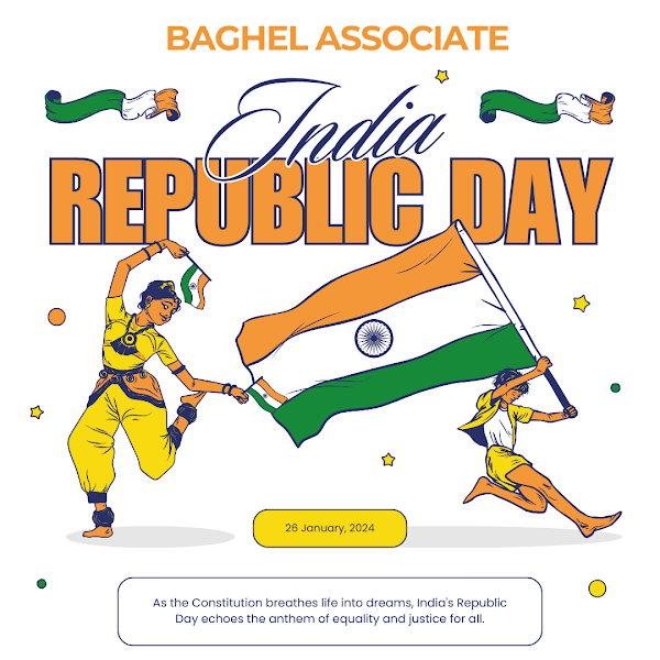 Baghel Associate wishes Happy India Republic Day with an illustration of people celebrating with the Indian flag and text about Republic Day.