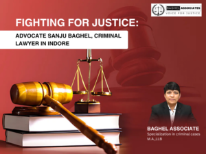 Advocate Sanju Baghel, criminal lawyer in Indore, with law books, gavel, and justice scale in background