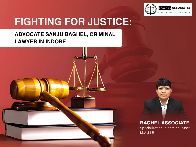 Advocate Sanju Baghel, criminal lawyer in Indore, with law books, gavel, and justice scale in background