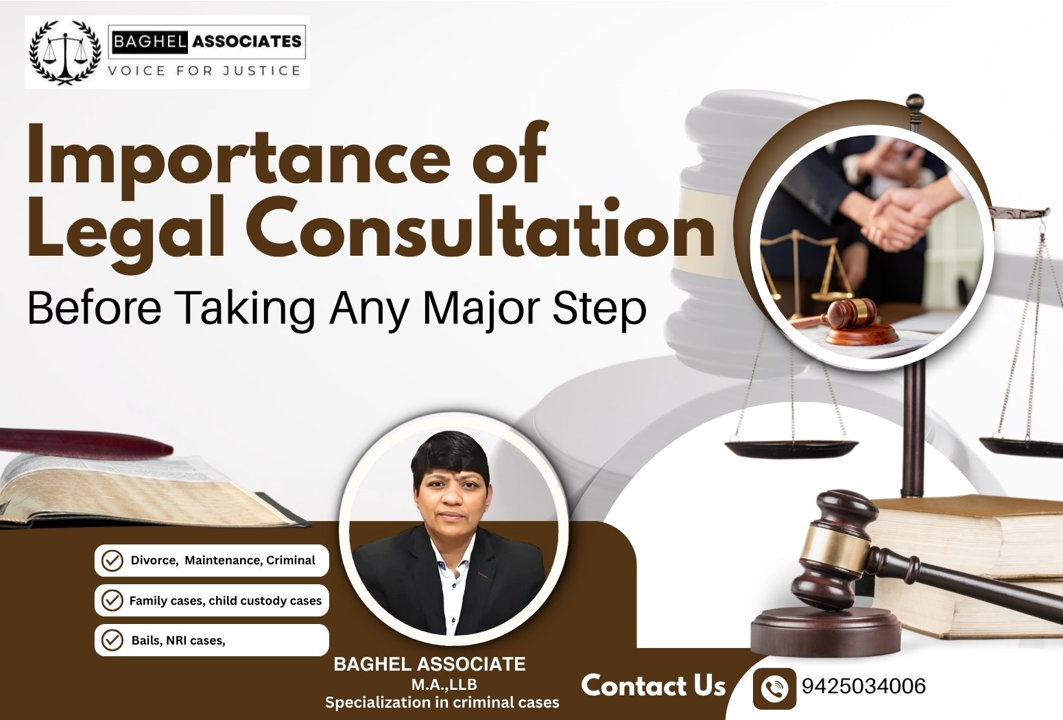 Advocate from Baghel Associates promoting the importance of legal consultation before taking major decisions, with legal symbols like gavel and scales of justice.