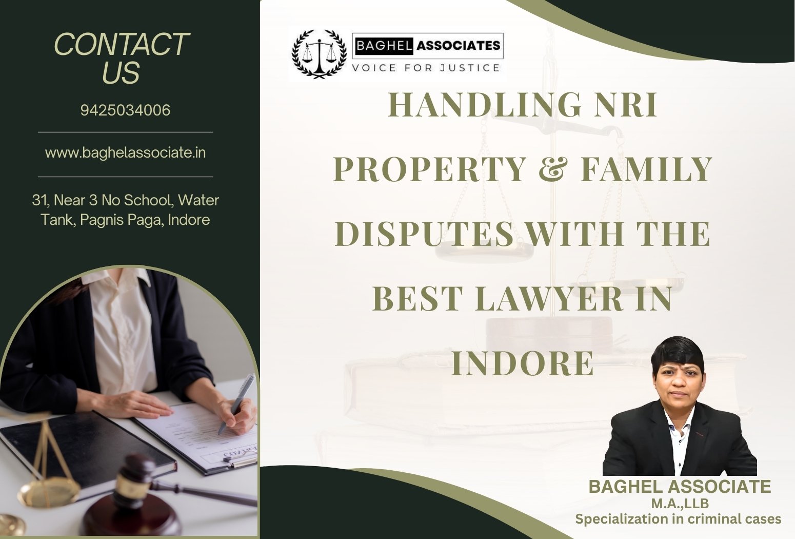 Handling NRI property and family disputes with the Best Lawyer in Indore – Advocate Sanju Baghel, Baghel Associates, Pagnis Paga Indore.