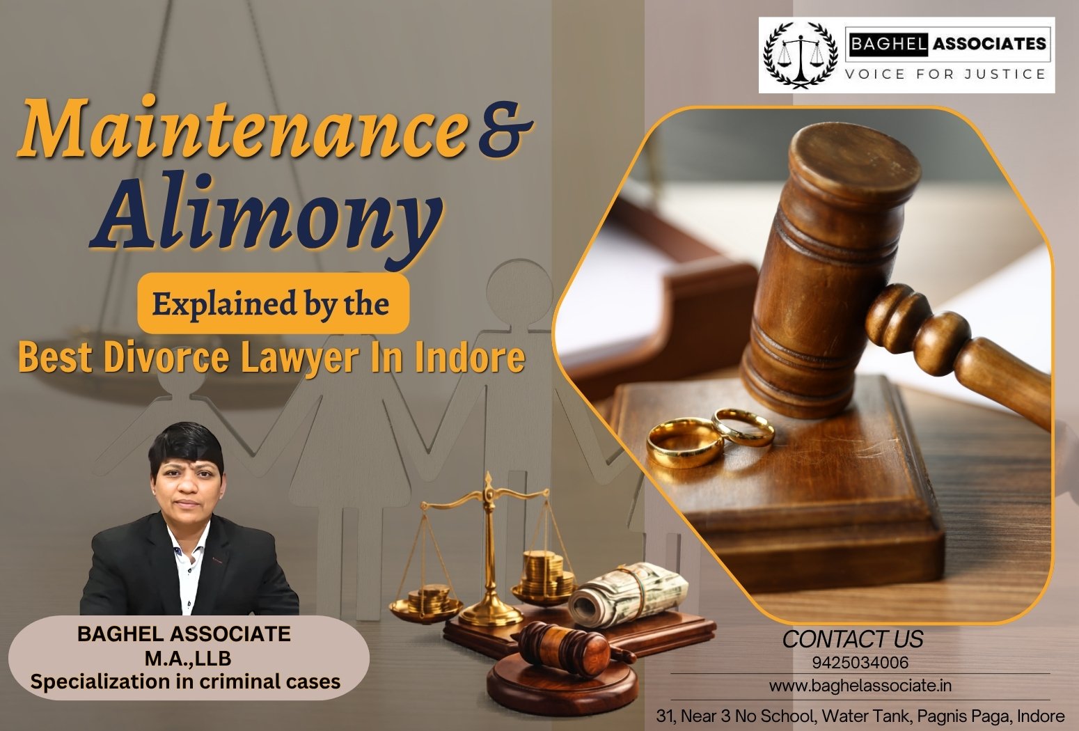 Maintenance and Alimony explained by Advocate Sanju Baghel, Best Divorce Lawyer in Indore with legal symbols and court gavel