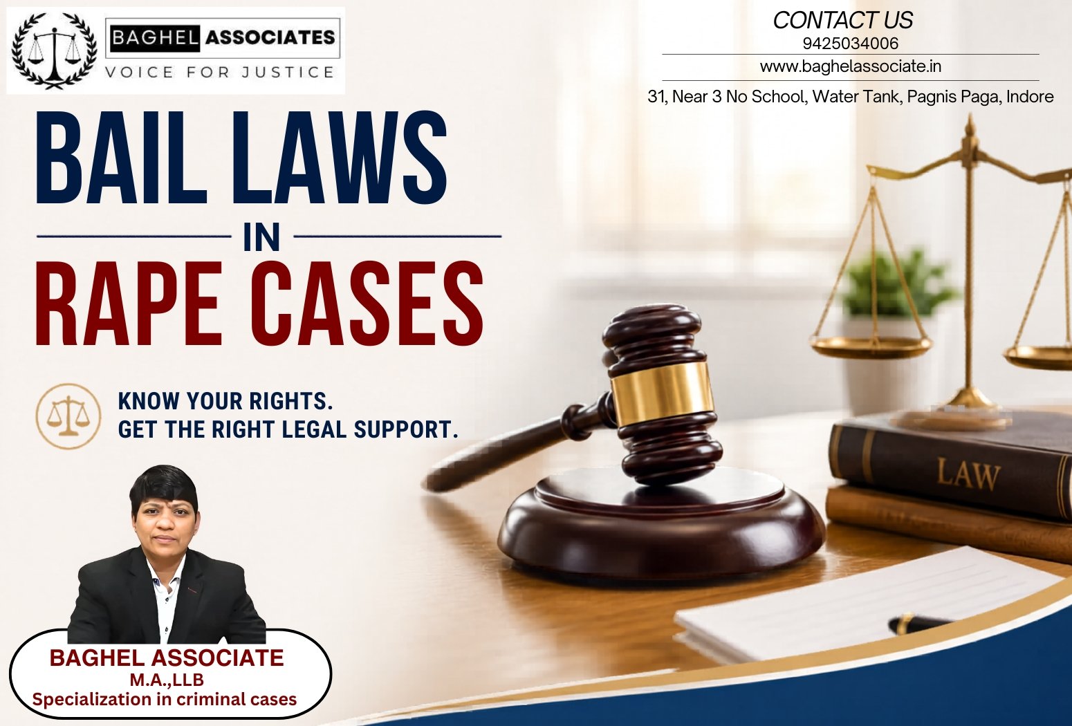 Bail laws in rape cases explained by Advocate Sanju Baghel, Best Criminal Lawyer in Indore with legal gavel and justice scale