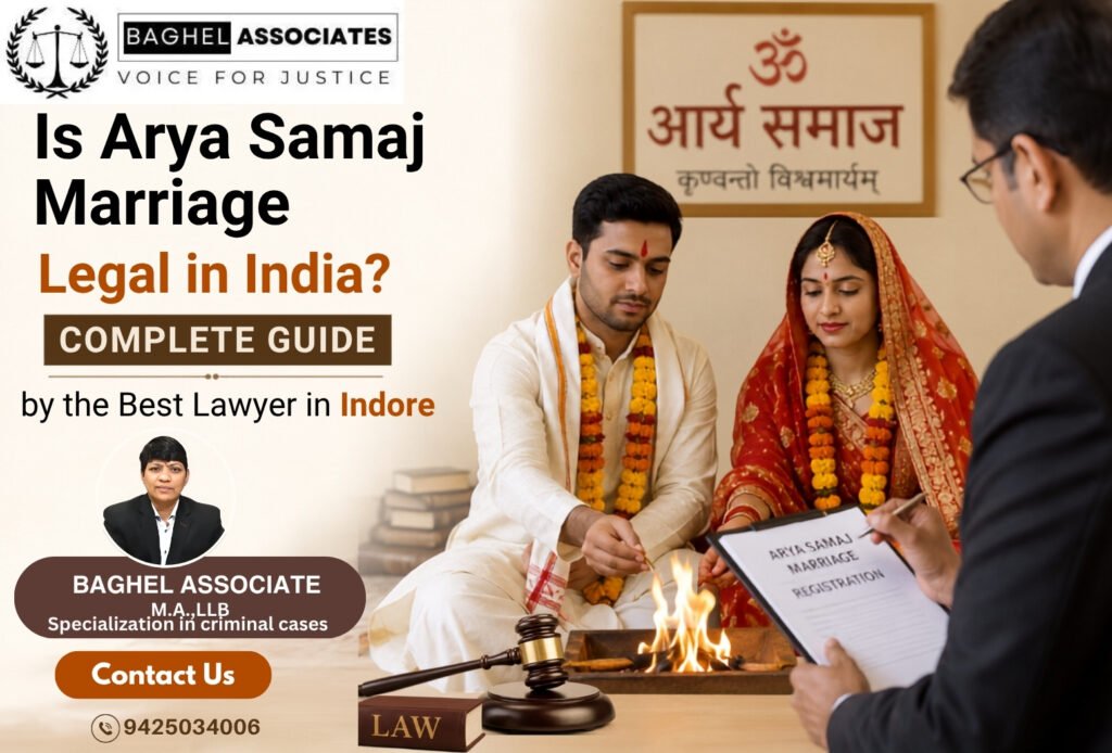 Professional blog banner showing an Indian couple performing an Arya Samaj marriage ceremony while consulting a lawyer regarding marriage registration. The image includes legal symbols such as a gavel, law book, Arya Samaj signage, and branding for Baghel Associates, highlighting the legality of Arya Samaj marriage in India.